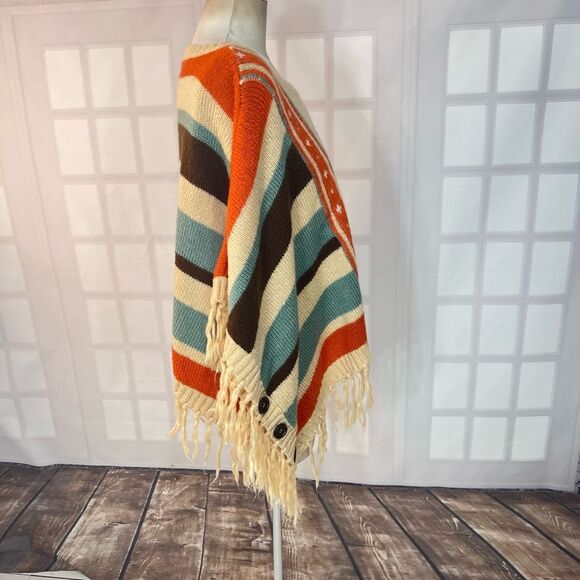 Mantos Eternity Multicolor Southwest Vibe Fringe Sweater Poncho One Size - Picture 4 of 8